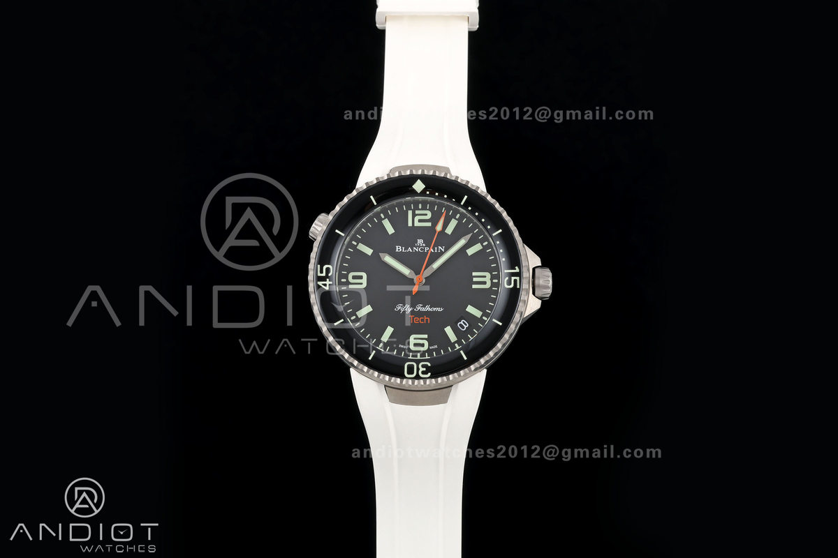 Fifty Fathoms Tech 45 Titanium Case TWF 1:1 Best Edition Black Dial on White Rubber Strap A1315A